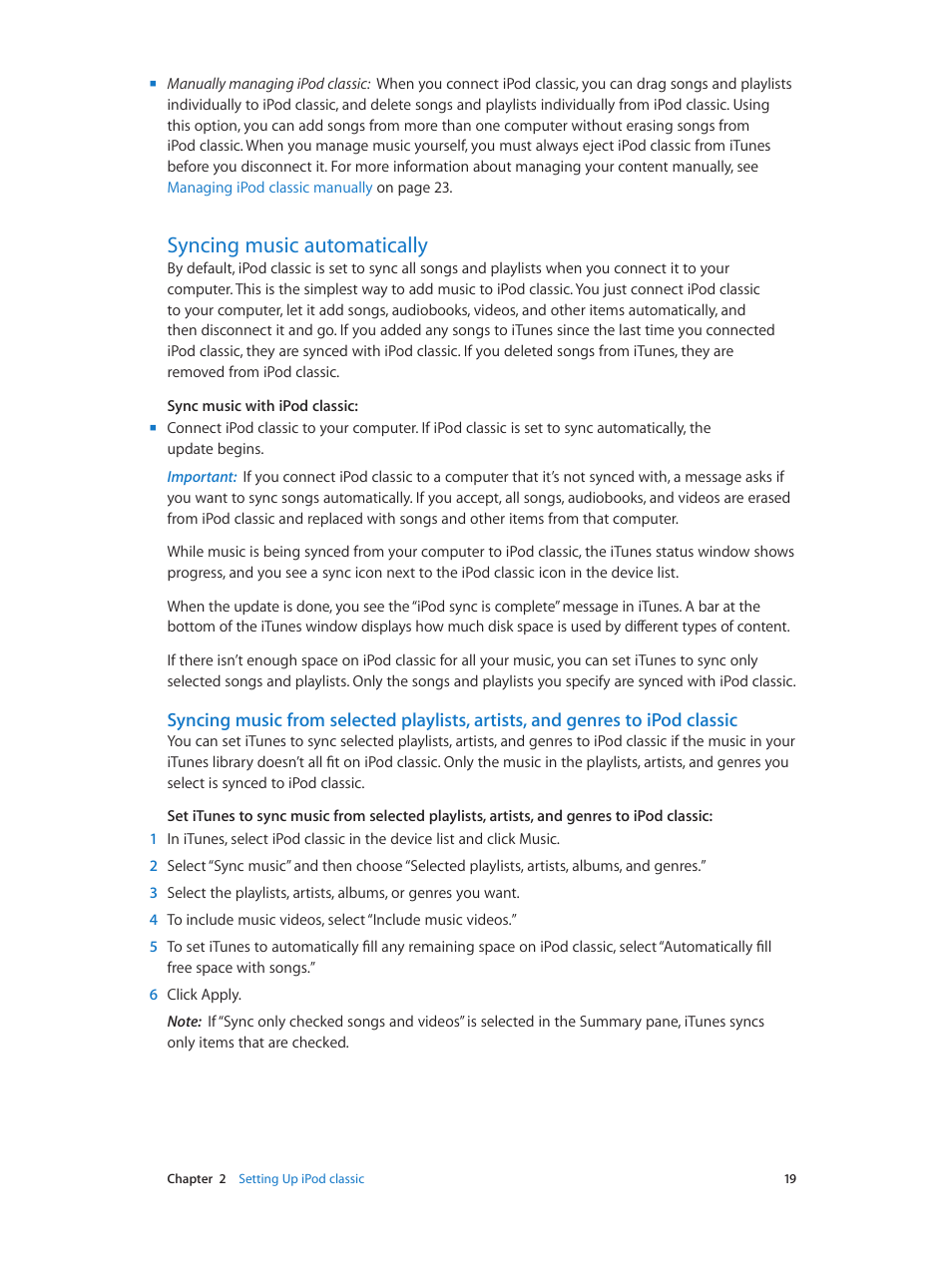 Syncing music automatically, 19 syncing music automatically | Apple iPod classic 160 GB User Manual | Page 19 / 58