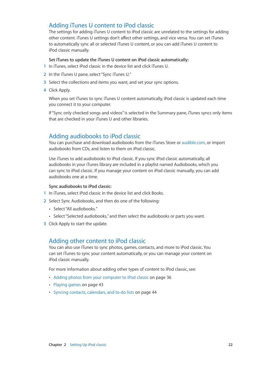 Adding itunes u content to ipod classic, Adding audiobooks to ipod classic, Adding other content to ipod classic | Apple iPod classic 160 GB User Manual | Page 22 / 58