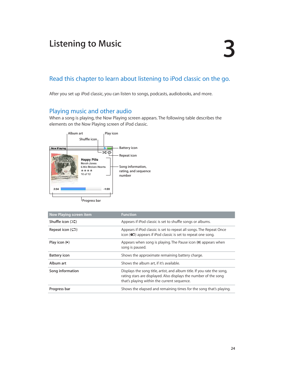 Chapter 3: listening to music, Playing music and other audio, 24 playing music and other audio | Listening to music | Apple iPod classic 160 GB User Manual | Page 24 / 58