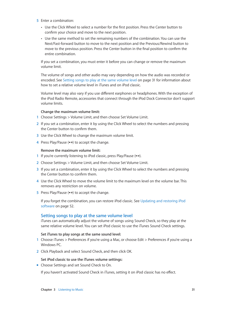 Setting songs to play at the same volume level | Apple iPod classic 160 GB User Manual | Page 31 / 58