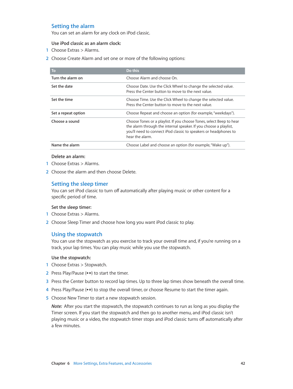 Setting the alarm, Setting the sleep timer, Using the stopwatch | Apple iPod classic 160 GB User Manual | Page 42 / 58