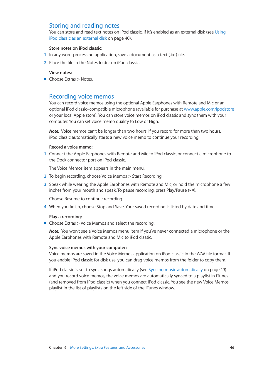 Storing and reading notes, Recording voice memos | Apple iPod classic 160 GB User Manual | Page 46 / 58