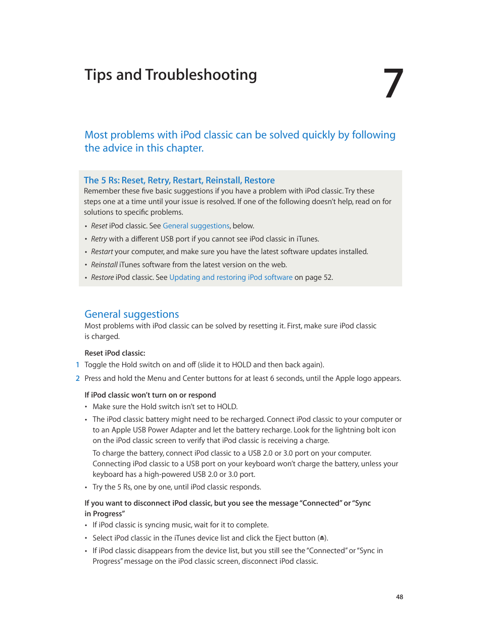 Chapter 7: tips and troubleshooting, General suggestions, 48 general suggestions | Tips and troubleshooting | Apple iPod classic 160 GB User Manual | Page 48 / 58