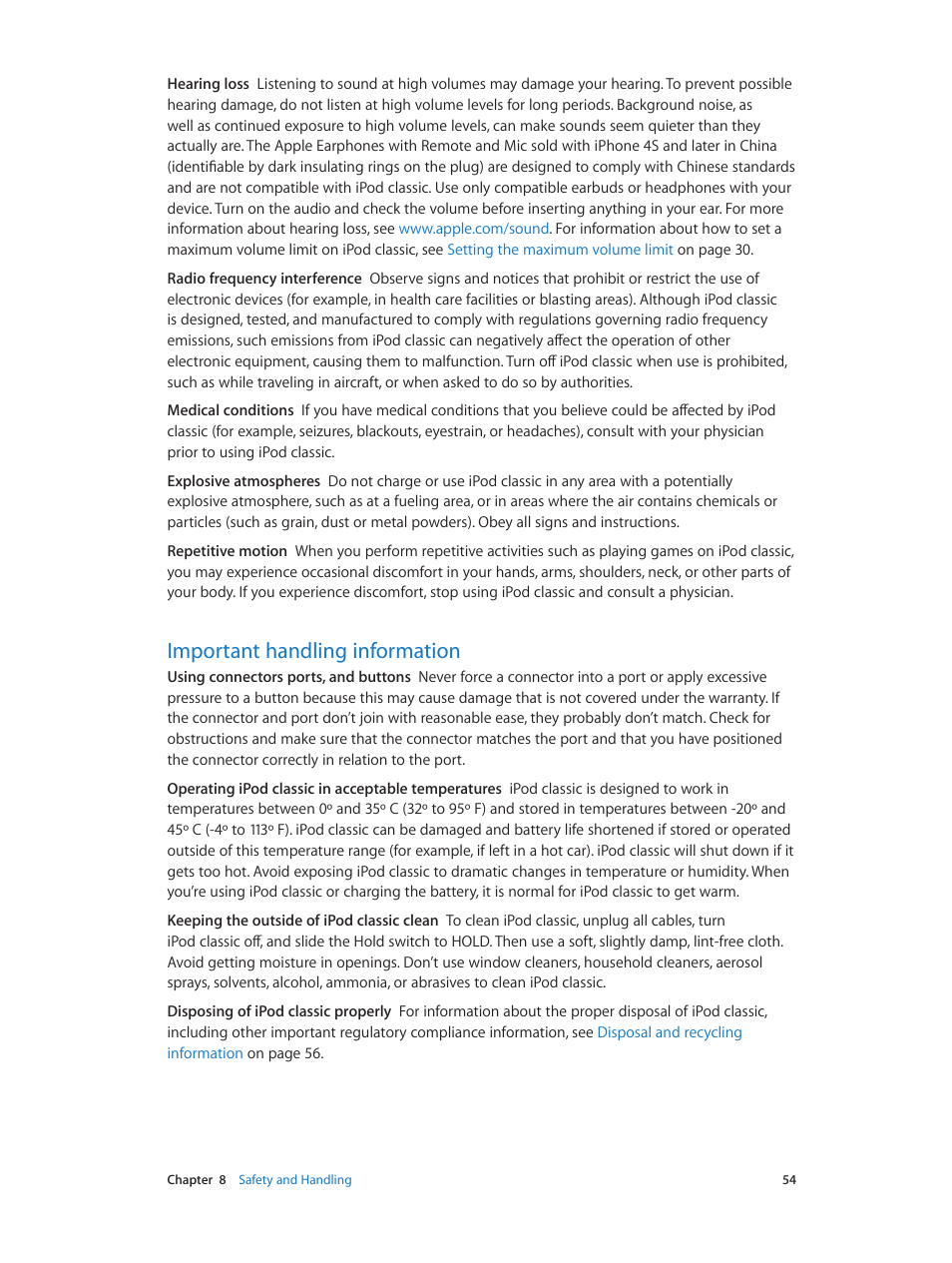 Important handling information, 54 important handling information | Apple iPod classic 160 GB User Manual | Page 54 / 58