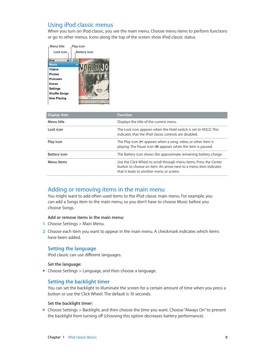 Using ipod classic menus, Adding or removing items in the main menu, Setting the language | Setting the backlight timer | Apple iPod classic 160 GB User Manual | Page 8 / 58