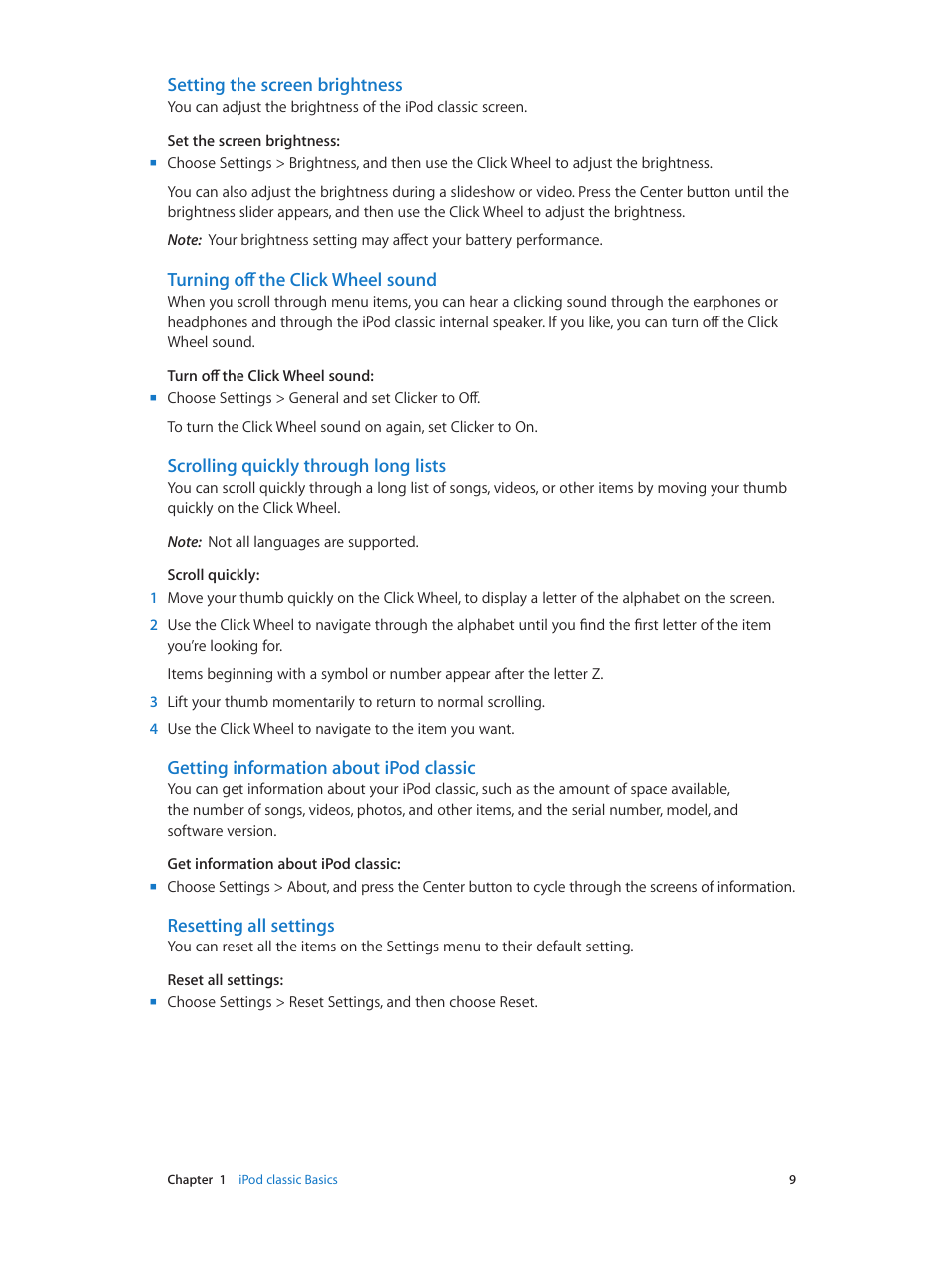 Setting the screen brightness, Turning off the click wheel sound, Scrolling quickly through long lists | Getting information about ipod classic, Resetting all settings | Apple iPod classic 160 GB User Manual | Page 9 / 58