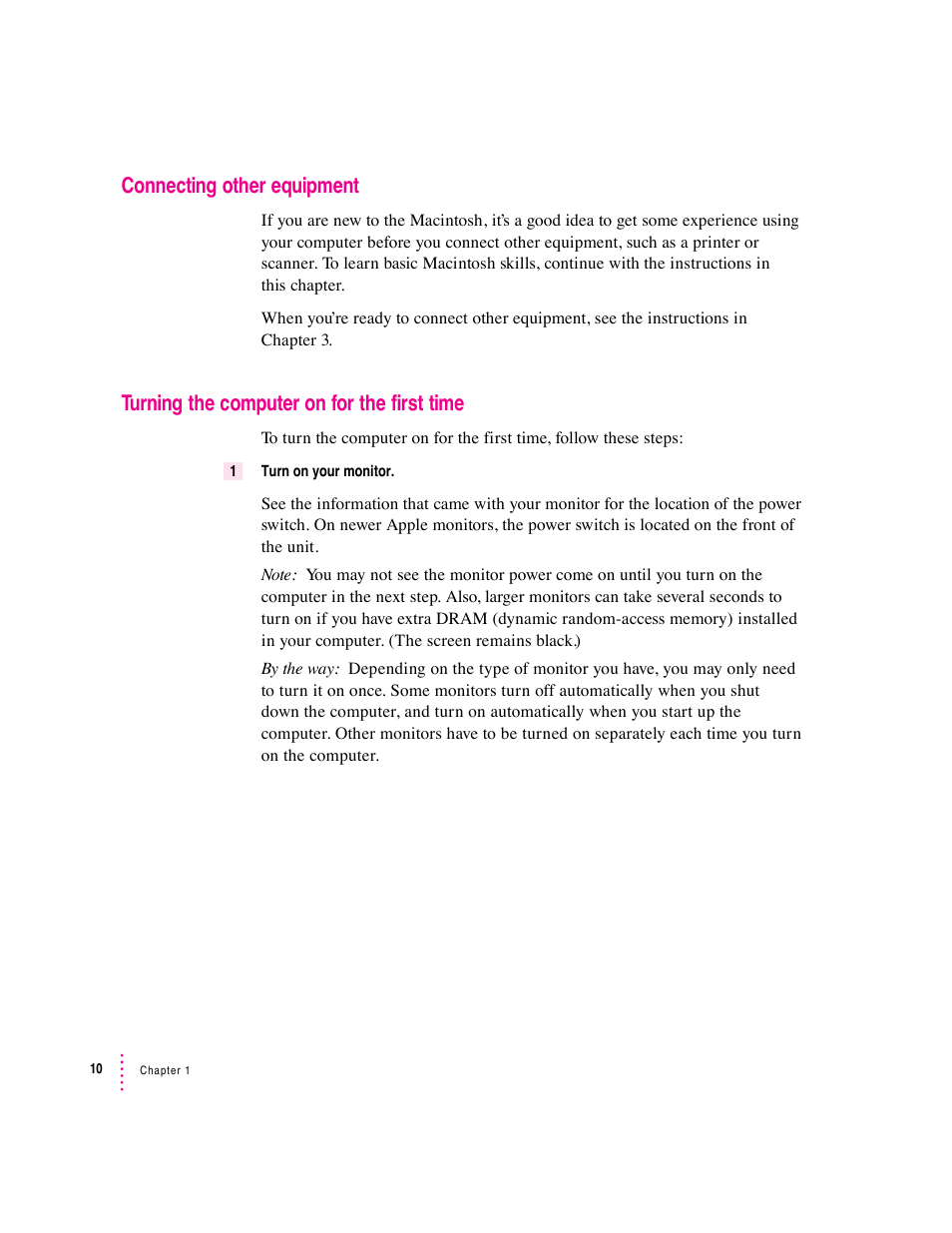 Connecting other equipment, Turning the computer on for the first time | Apple Macintosh Performa 6360 Series User Manual | Page 10 / 199