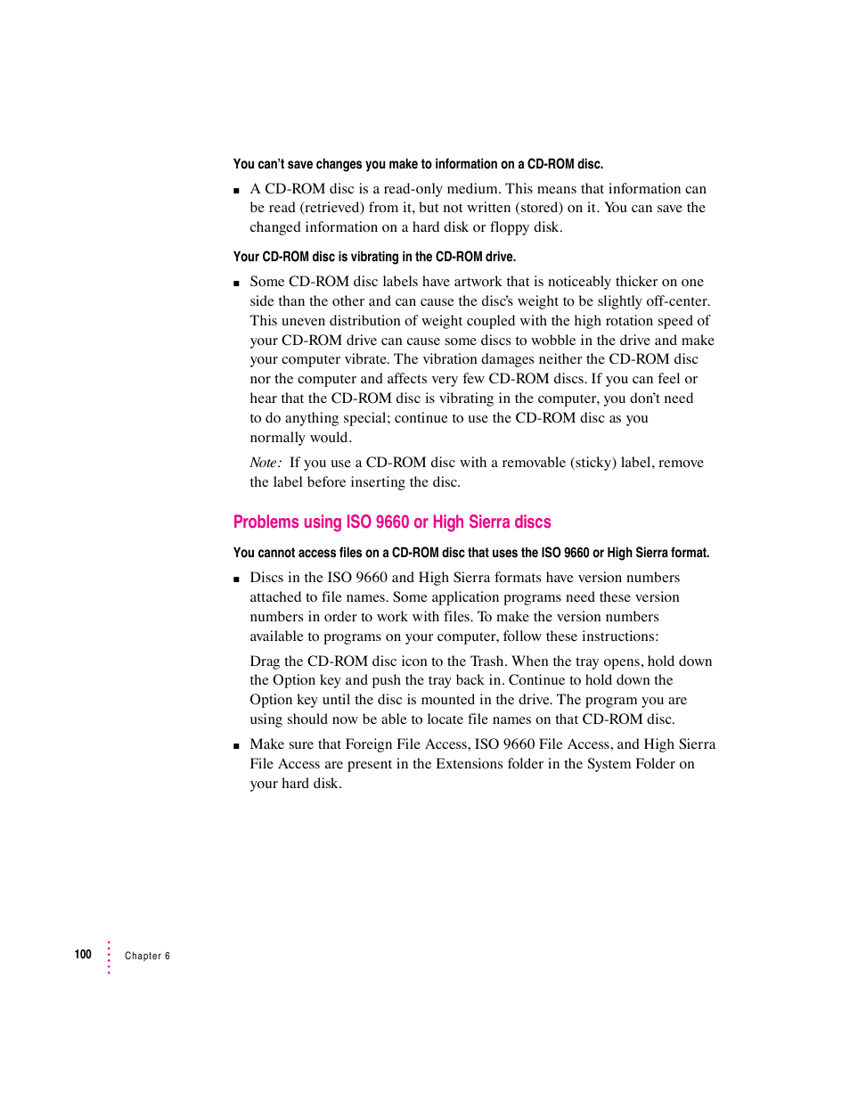 Problems using iso 9660 or high sierra discs | Apple Macintosh Performa 6360 Series User Manual | Page 100 / 199