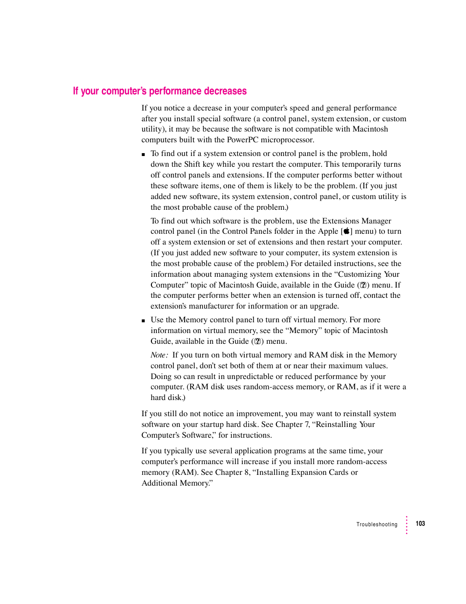 If your computer’s performance decreases | Apple Macintosh Performa 6360 Series User Manual | Page 103 / 199