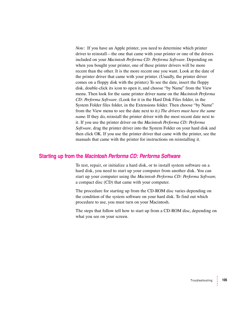 Macintosh performa cd: performa software, Starting up from the | Apple Macintosh Performa 6360 Series User Manual | Page 105 / 199