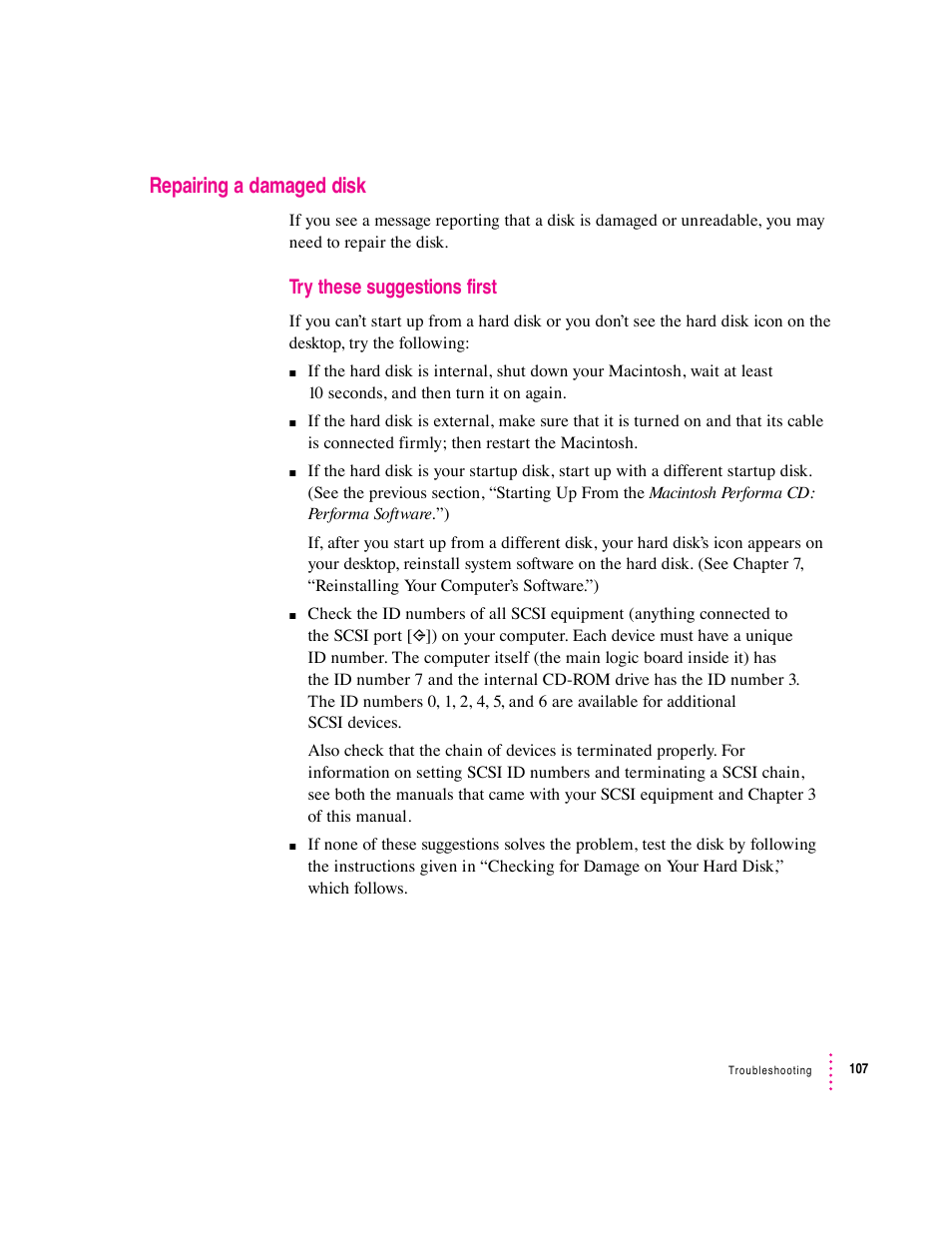 Repairing a damaged disk | Apple Macintosh Performa 6360 Series User Manual | Page 107 / 199