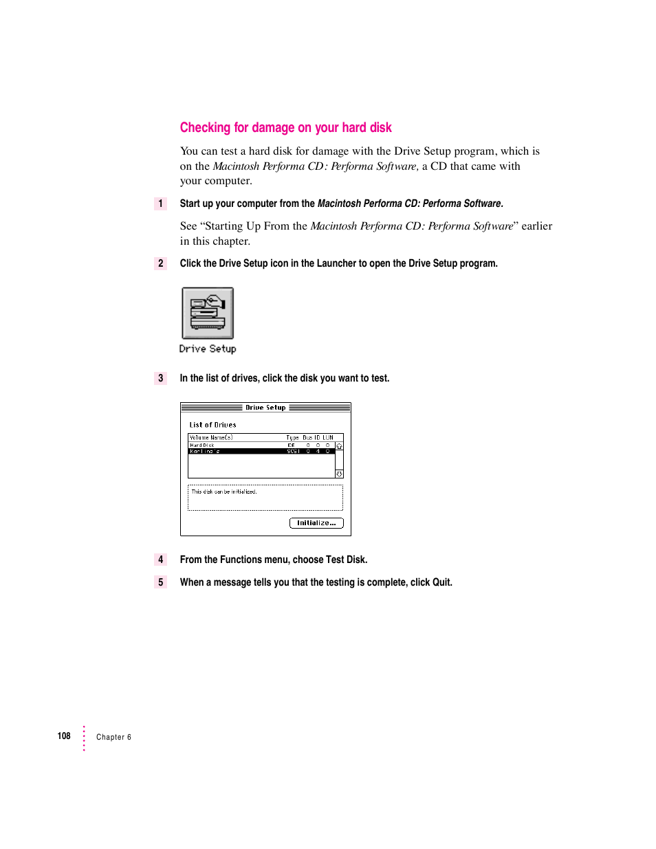 Checking for damage on your hard disk | Apple Macintosh Performa 6360 Series User Manual | Page 108 / 199