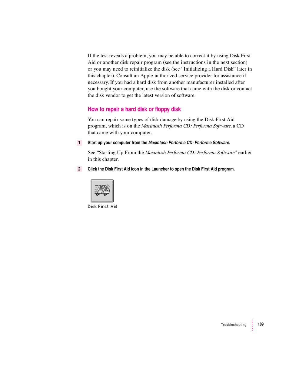 How to repair a hard disk or floppy disk | Apple Macintosh Performa 6360 Series User Manual | Page 109 / 199