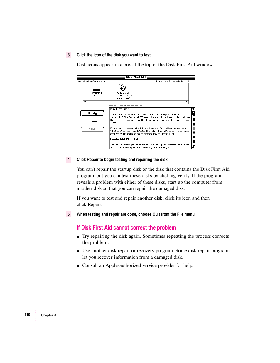 If disk first aid cannot correct the problem | Apple Macintosh Performa 6360 Series User Manual | Page 110 / 199