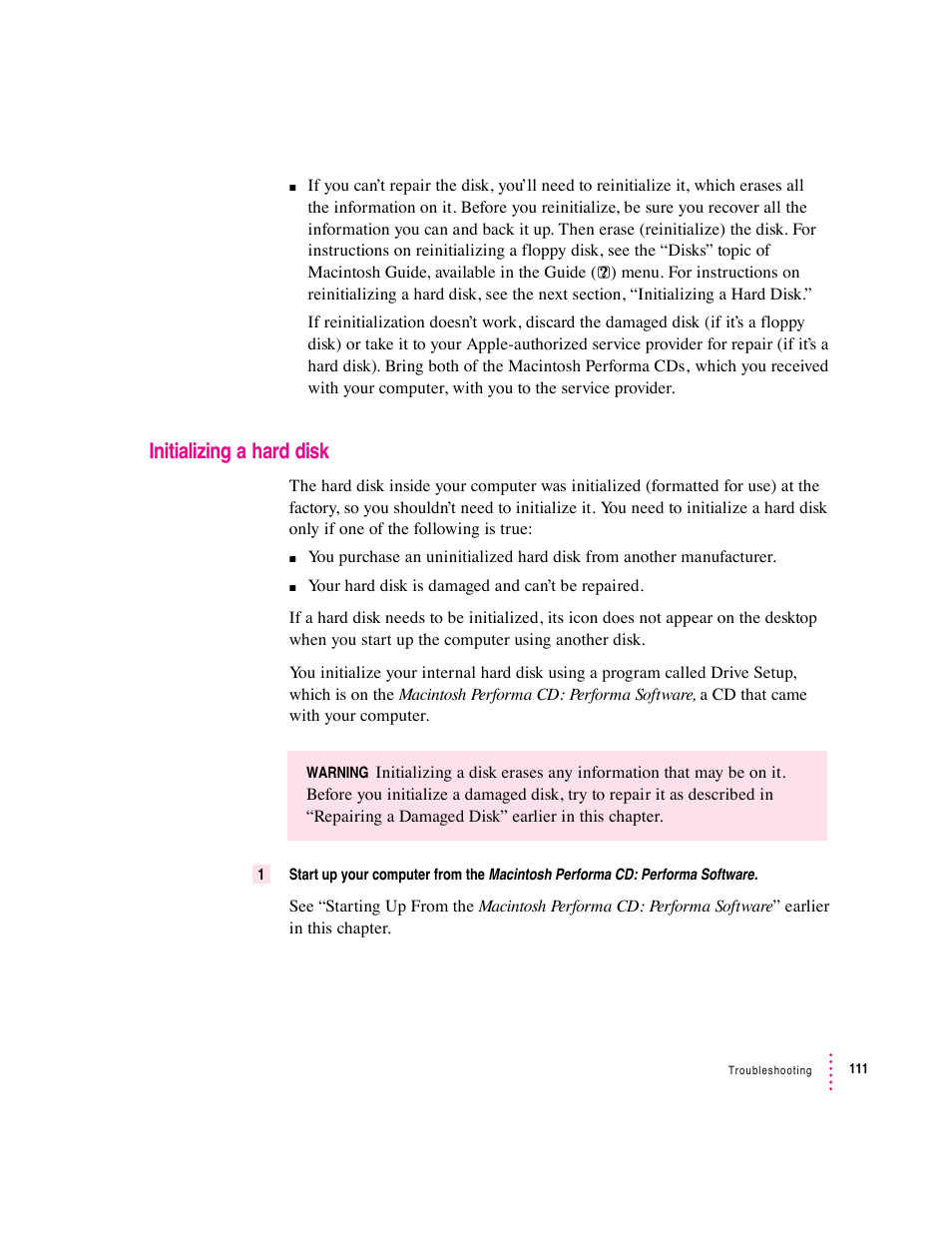 Initializing a hard disk | Apple Macintosh Performa 6360 Series User Manual | Page 111 / 199