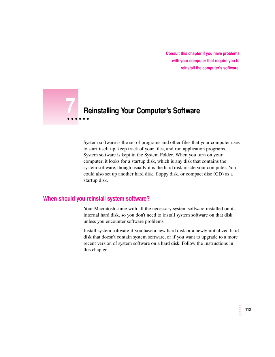 Reinstalling your computer’s software | Apple Macintosh Performa 6360 Series User Manual | Page 113 / 199