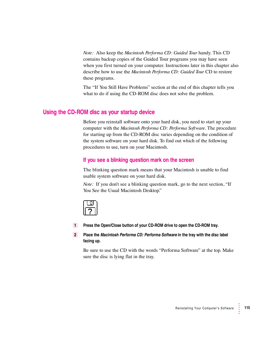 Using the cd-rom disc as your startup device, If you see a blinking question mark on the screen | Apple Macintosh Performa 6360 Series User Manual | Page 115 / 199