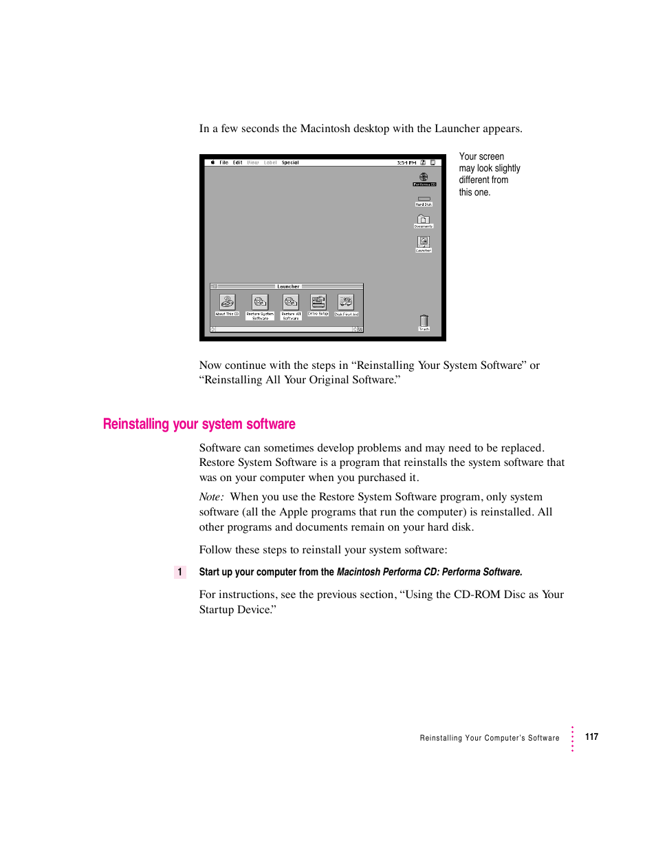 Reinstalling your system software | Apple Macintosh Performa 6360 Series User Manual | Page 117 / 199