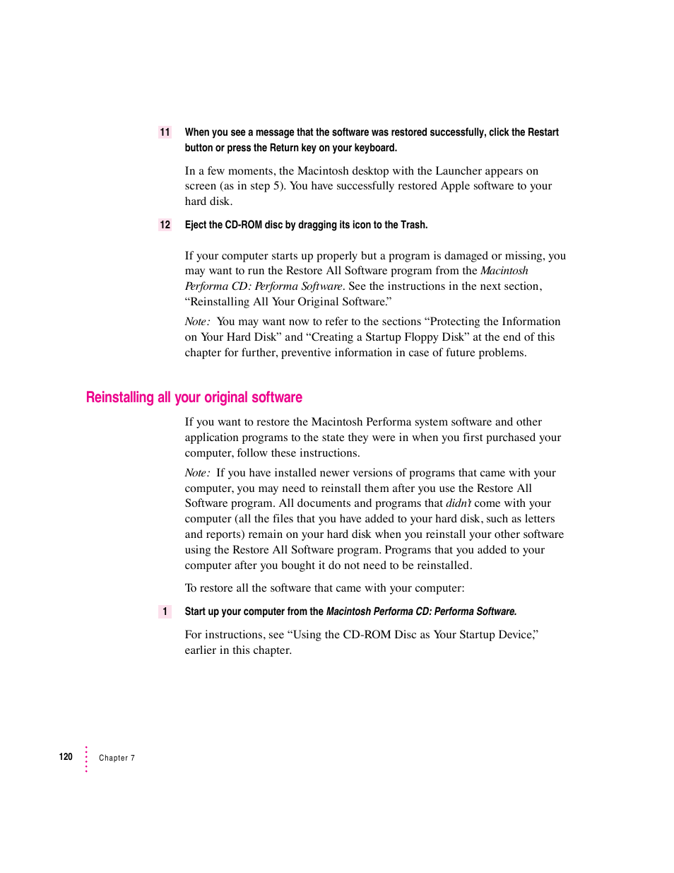 Reinstalling all your original software | Apple Macintosh Performa 6360 Series User Manual | Page 120 / 199