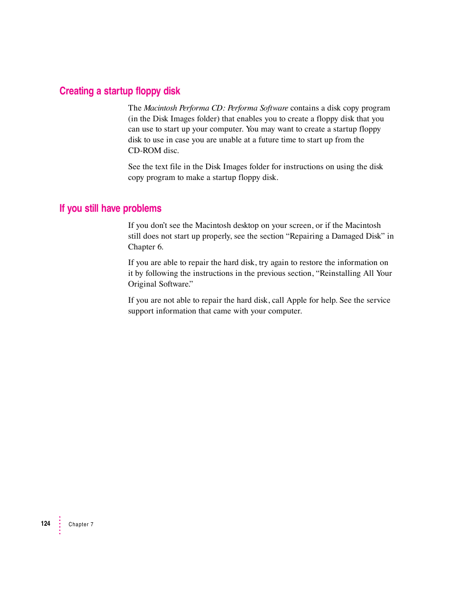 Creating a startup floppy disk, If you still have problems | Apple Macintosh Performa 6360 Series User Manual | Page 124 / 199