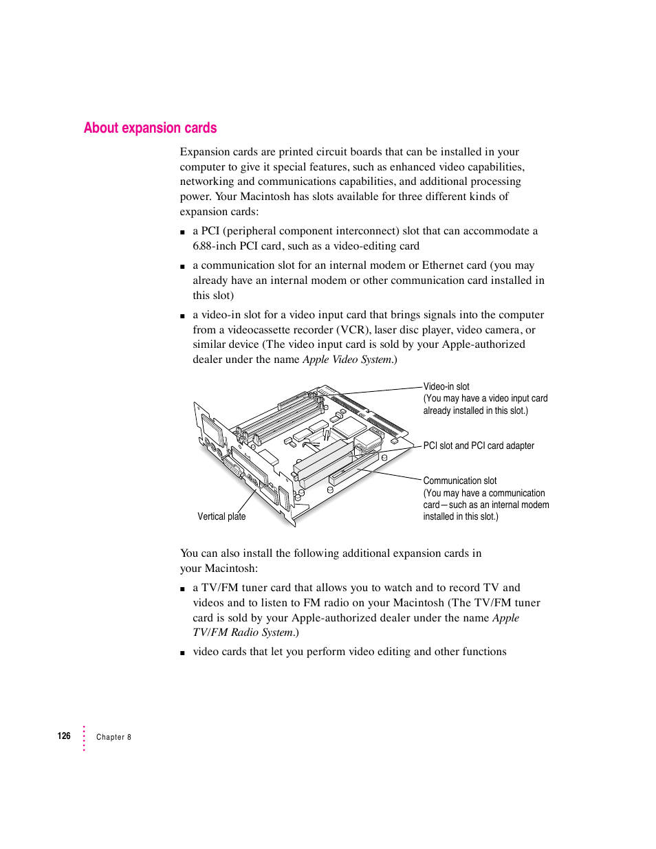 About expansion cards | Apple Macintosh Performa 6360 Series User Manual | Page 126 / 199