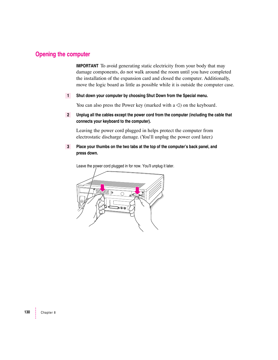 Opening the computer | Apple Macintosh Performa 6360 Series User Manual | Page 130 / 199