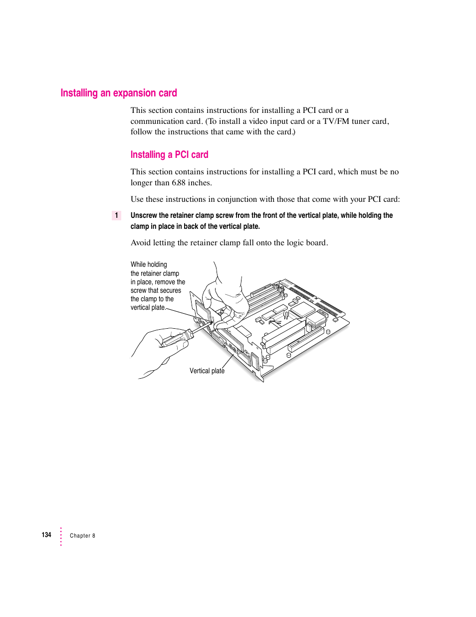 Installing an expansion card, Installing a pci card | Apple Macintosh Performa 6360 Series User Manual | Page 134 / 199