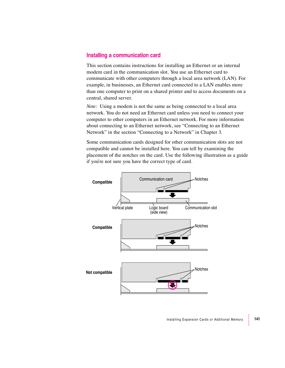 Installing a communication card | Apple Macintosh Performa 6360 Series User Manual | Page 141 / 199