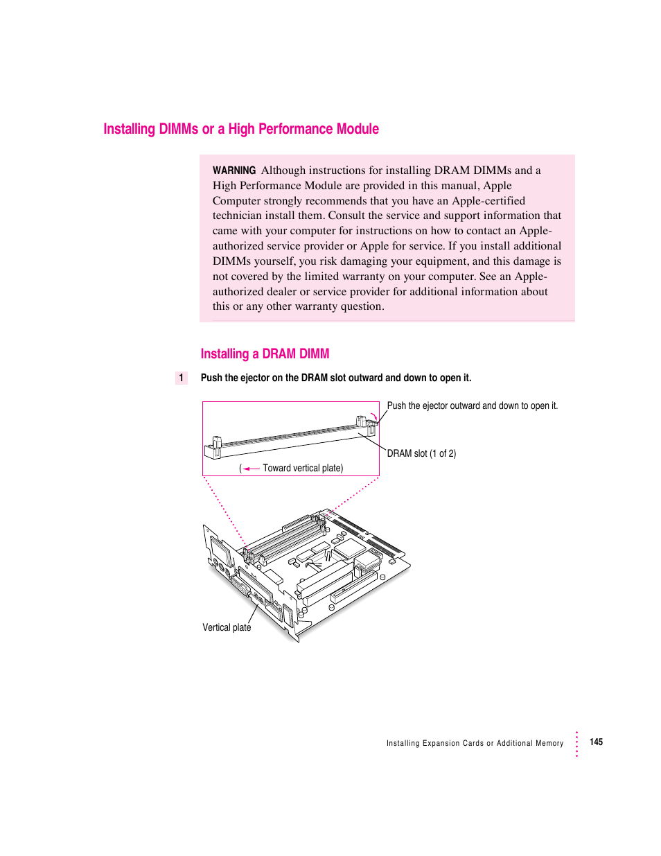 Installing dimms or a high performance module, Installing a dram dimm | Apple Macintosh Performa 6360 Series User Manual | Page 145 / 199