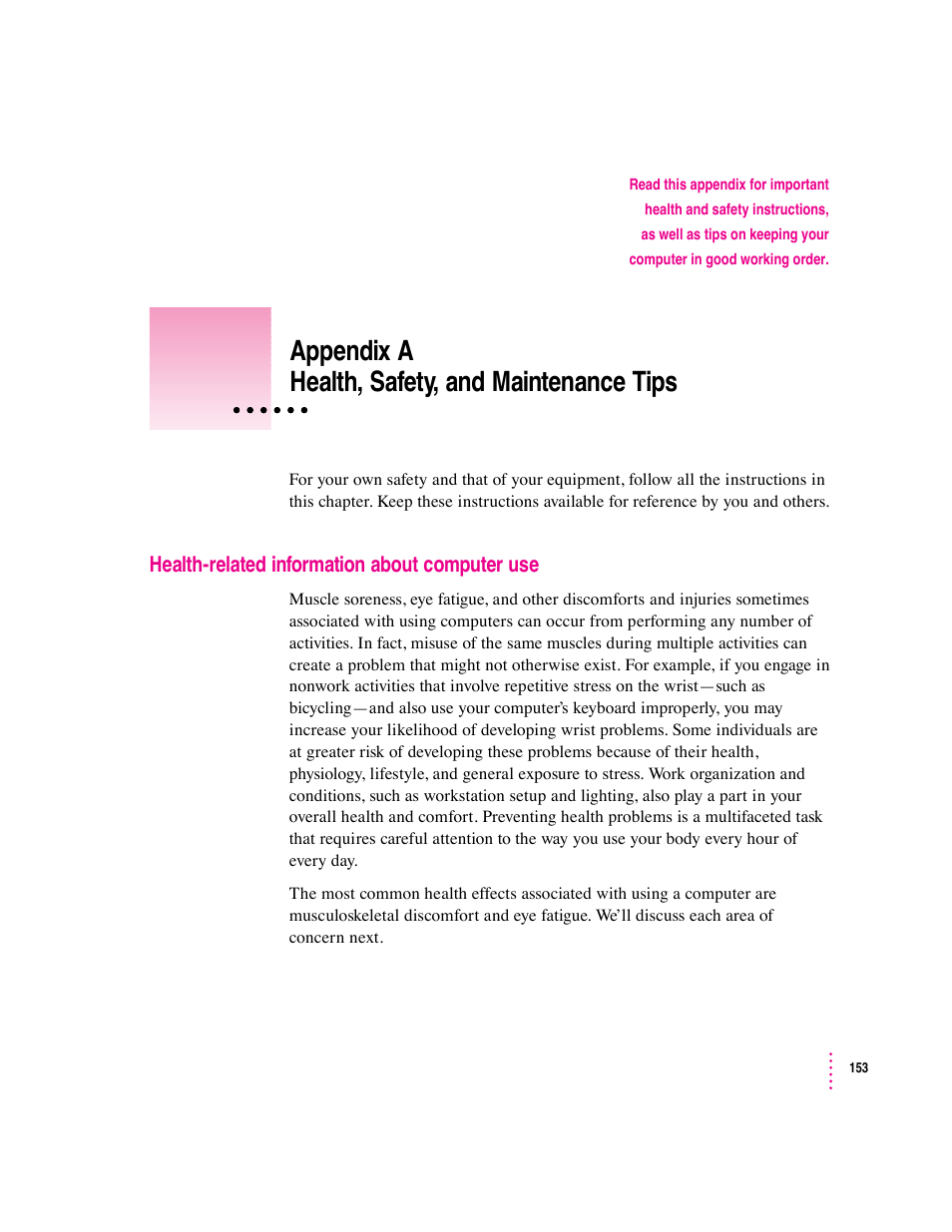 Appendix a health, safety, and maintenance tips, Health-related information about computer use | Apple Macintosh Performa 6360 Series User Manual | Page 153 / 199