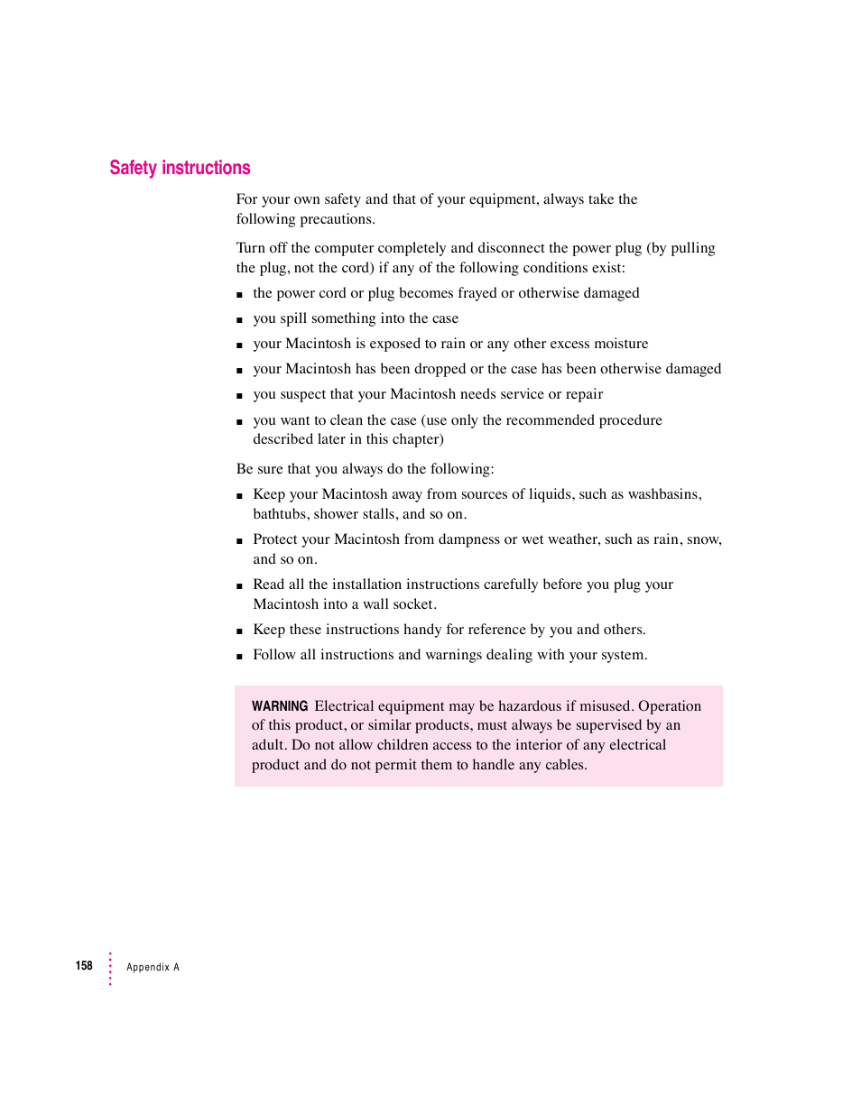 Safety instructions | Apple Macintosh Performa 6360 Series User Manual | Page 158 / 199