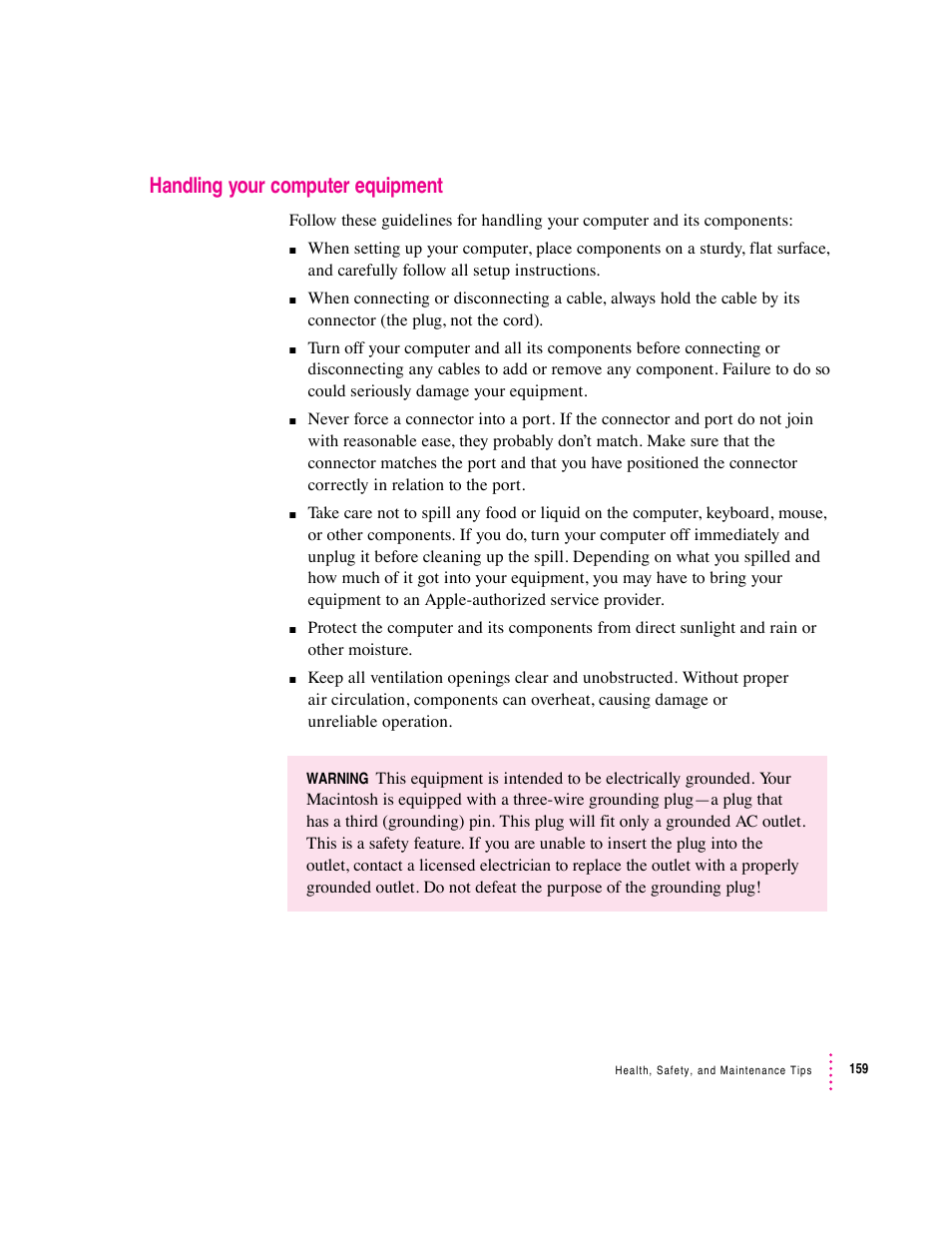 Handling your computer equipment | Apple Macintosh Performa 6360 Series User Manual | Page 159 / 199