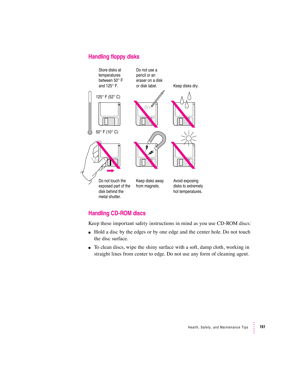 Handling floppy disks handling cd-rom discs | Apple Macintosh Performa 6360 Series User Manual | Page 161 / 199