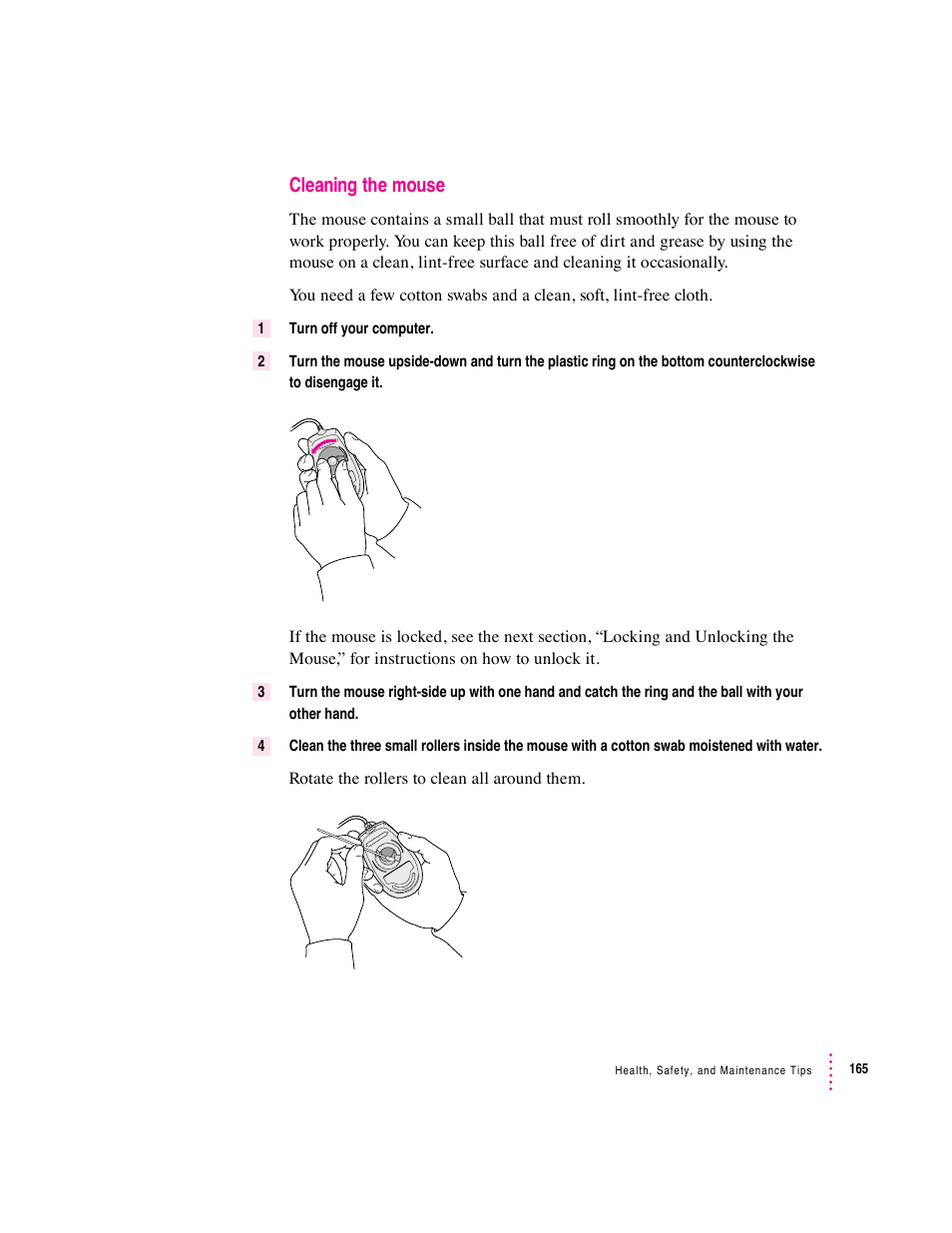 Cleaning the mouse | Apple Macintosh Performa 6360 Series User Manual | Page 165 / 199