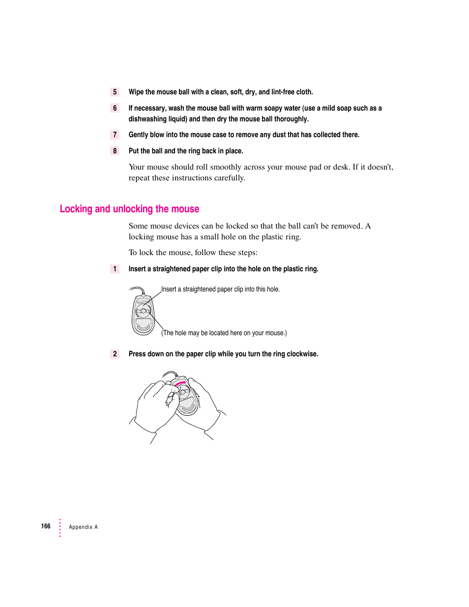 Locking and unlocking the mouse | Apple Macintosh Performa 6360 Series User Manual | Page 166 / 199