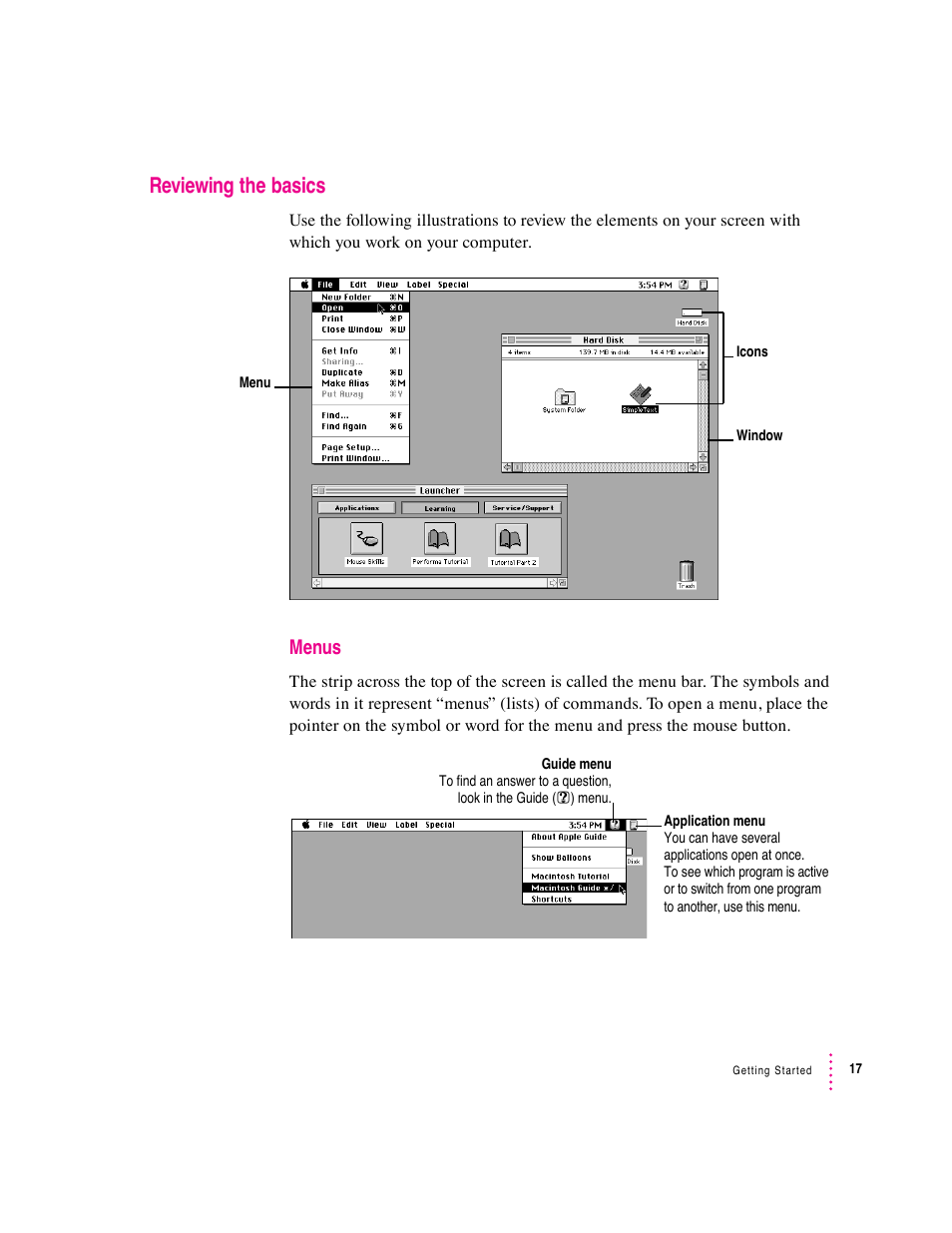 Reviewing the basics, Menus | Apple Macintosh Performa 6360 Series User Manual | Page 17 / 199