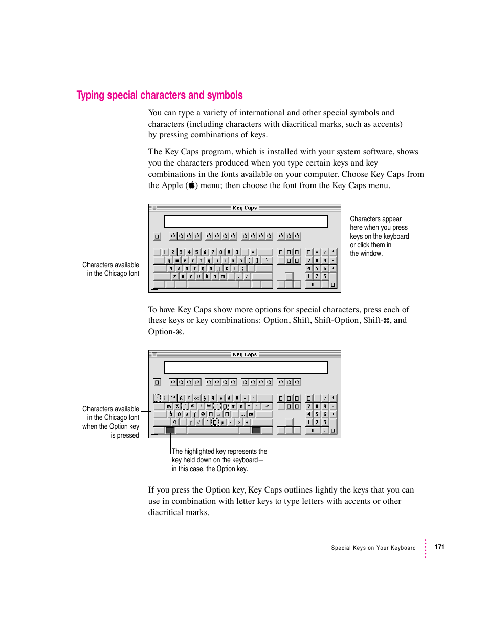 Typing special characters and symbols | Apple Macintosh Performa 6360 Series User Manual | Page 171 / 199