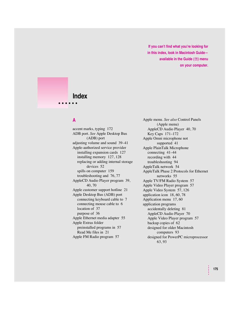 Index | Apple Macintosh Performa 6360 Series User Manual | Page 175 / 199