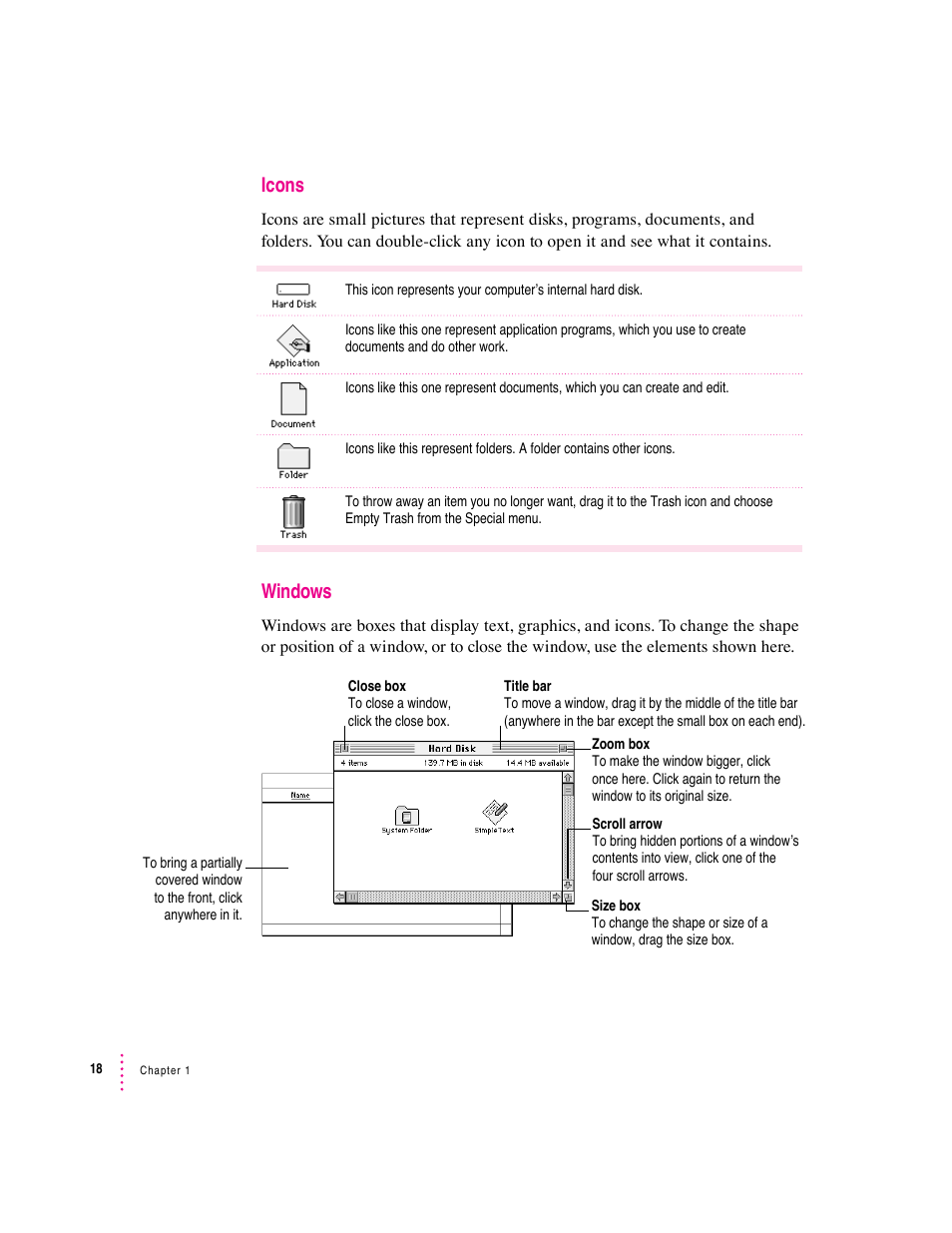 Icons, Windows | Apple Macintosh Performa 6360 Series User Manual | Page 18 / 199