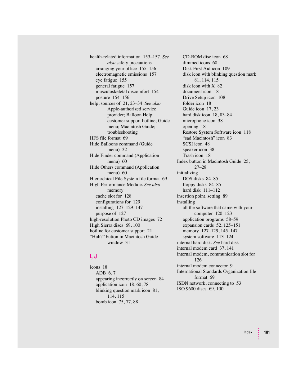 I, j | Apple Macintosh Performa 6360 Series User Manual | Page 181 / 199