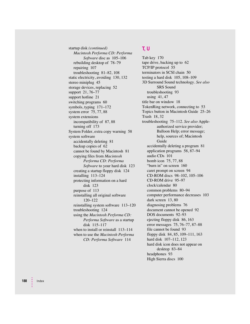 T, u | Apple Macintosh Performa 6360 Series User Manual | Page 188 / 199