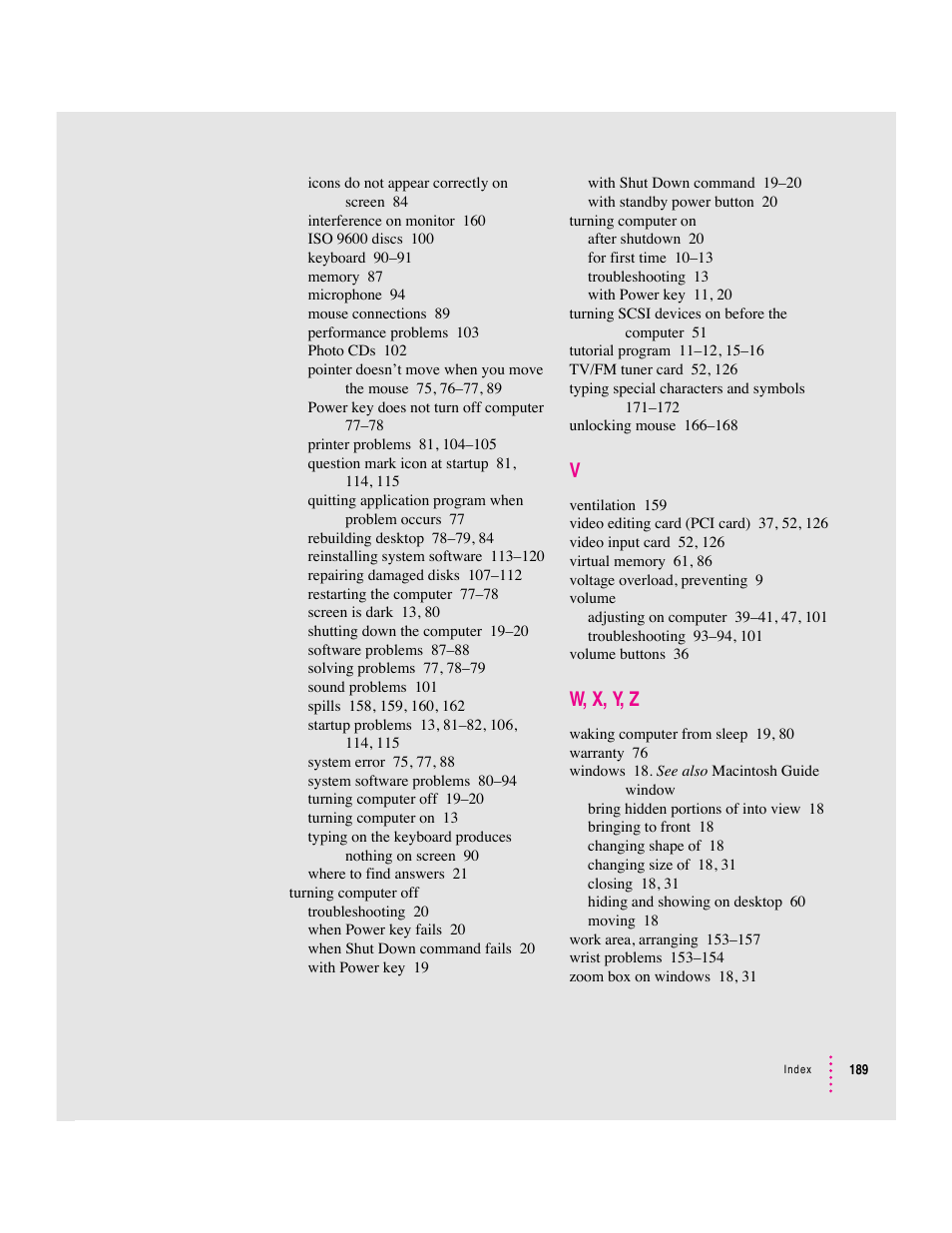 W, x, y, z | Apple Macintosh Performa 6360 Series User Manual | Page 189 / 199
