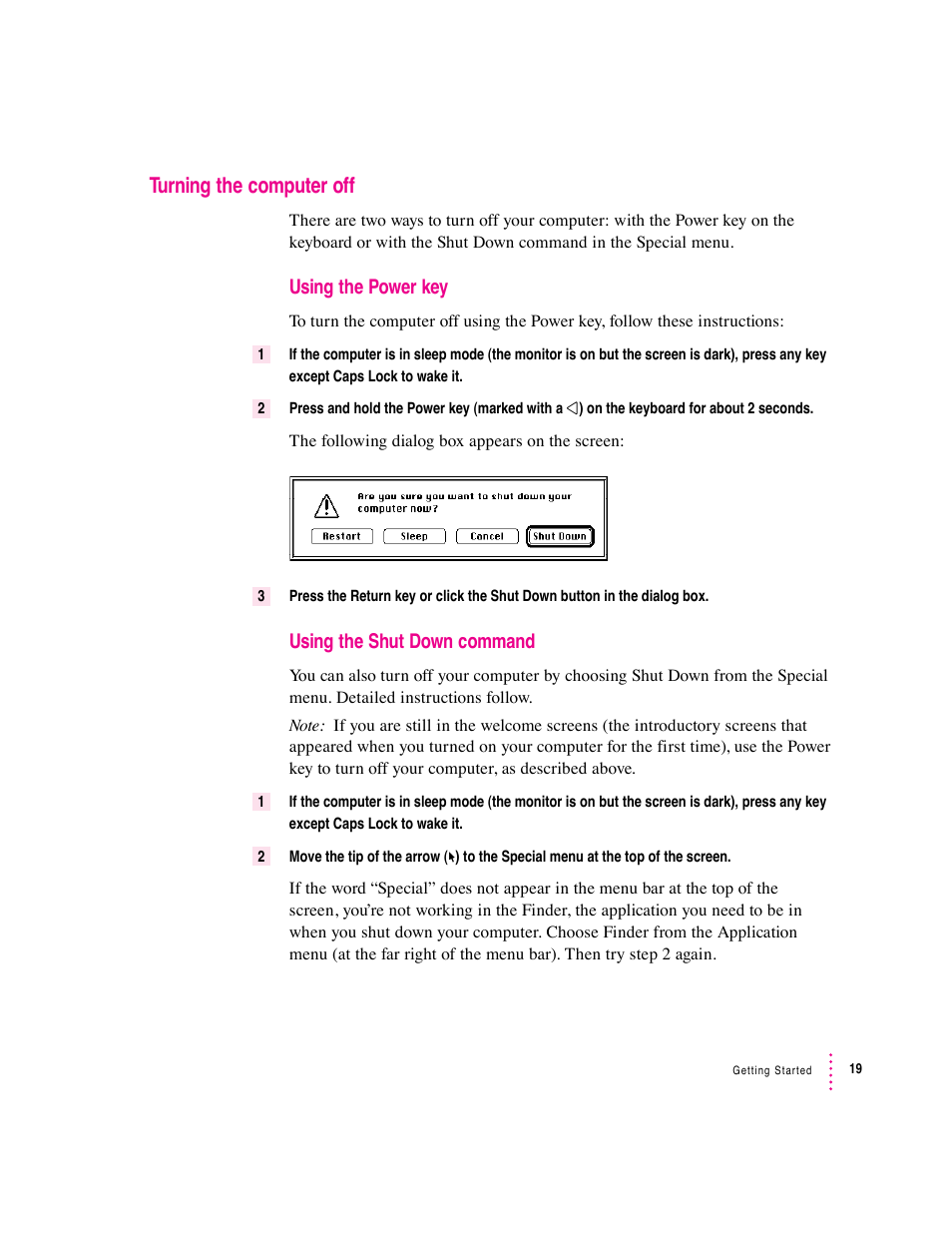 Turning the computer off, Using the power key, Using the shut down command | Apple Macintosh Performa 6360 Series User Manual | Page 19 / 199