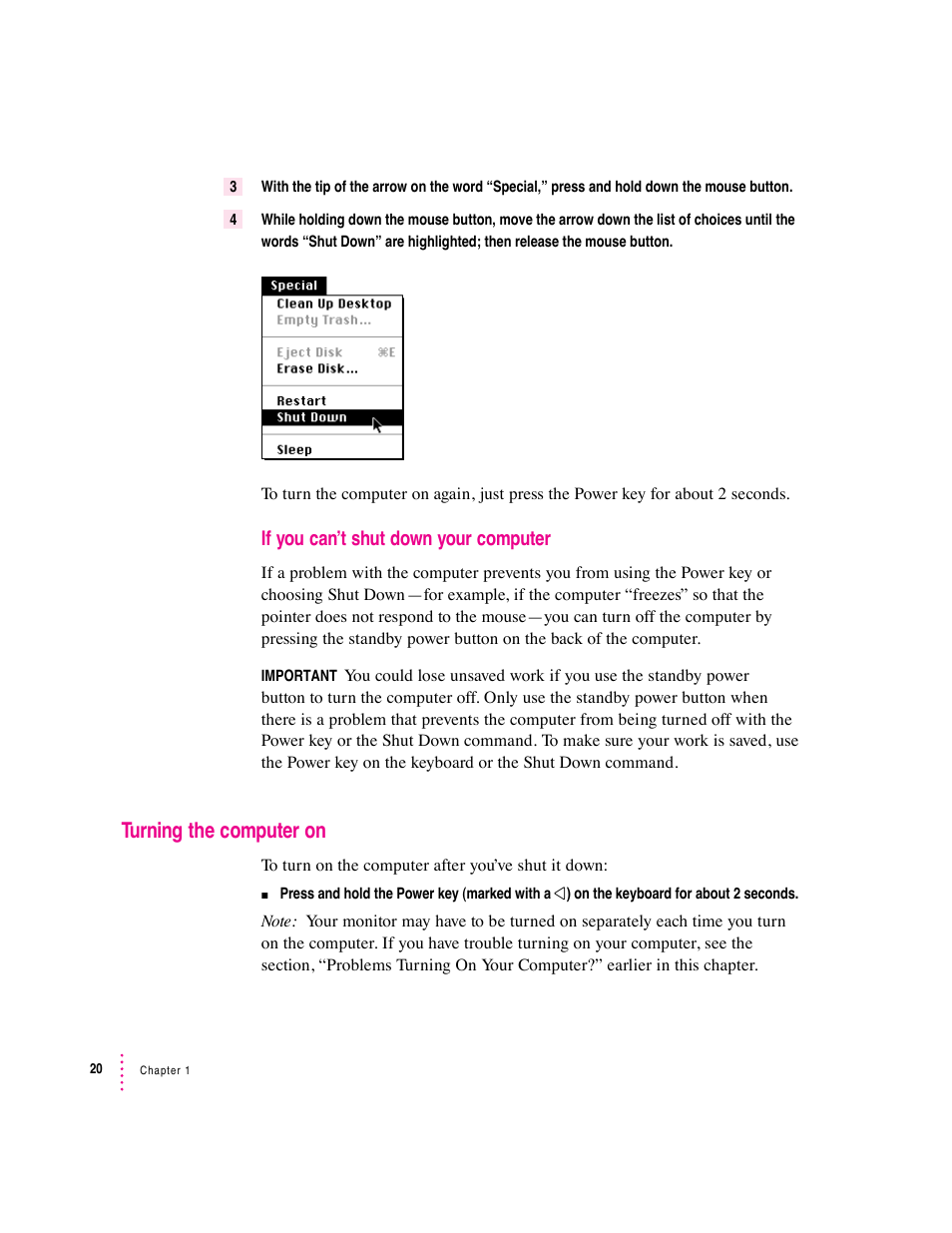 Turning the computer on, If you can’t shut down your computer | Apple Macintosh Performa 6360 Series User Manual | Page 20 / 199