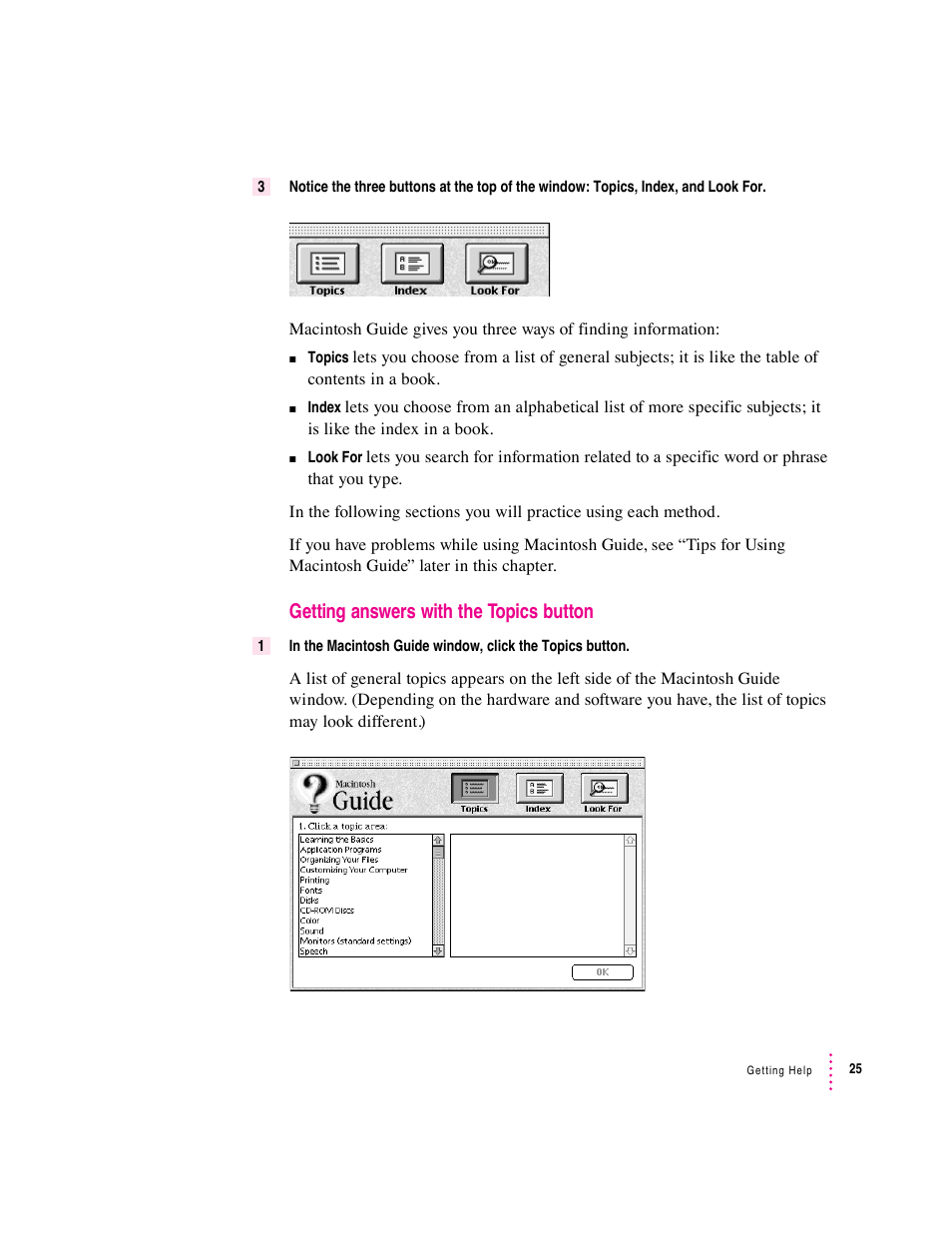 Getting answers with the topics button | Apple Macintosh Performa 6360 Series User Manual | Page 25 / 199