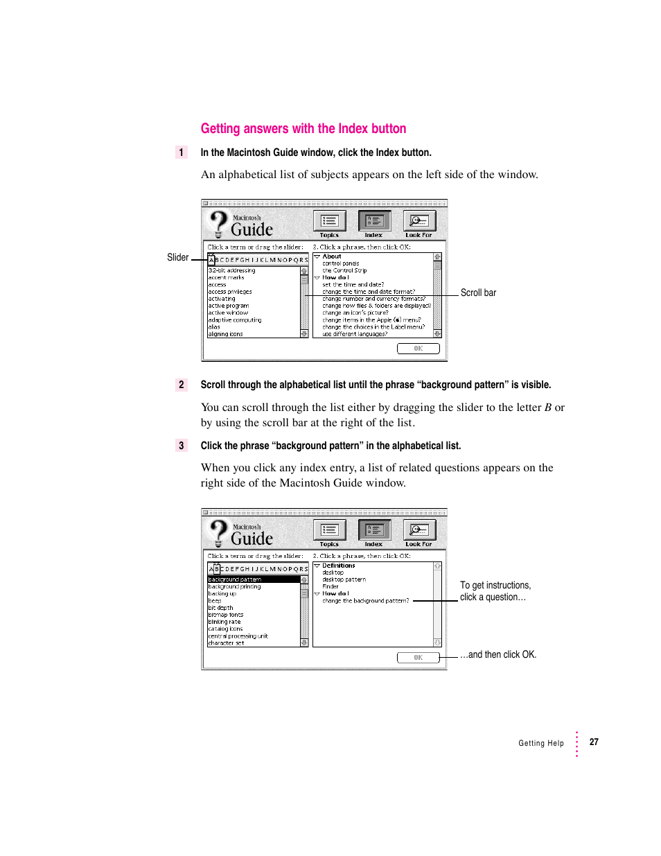 Getting answers with the index button | Apple Macintosh Performa 6360 Series User Manual | Page 27 / 199