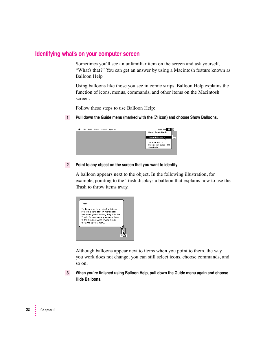 Identifying what’s on your computer screen | Apple Macintosh Performa 6360 Series User Manual | Page 32 / 199