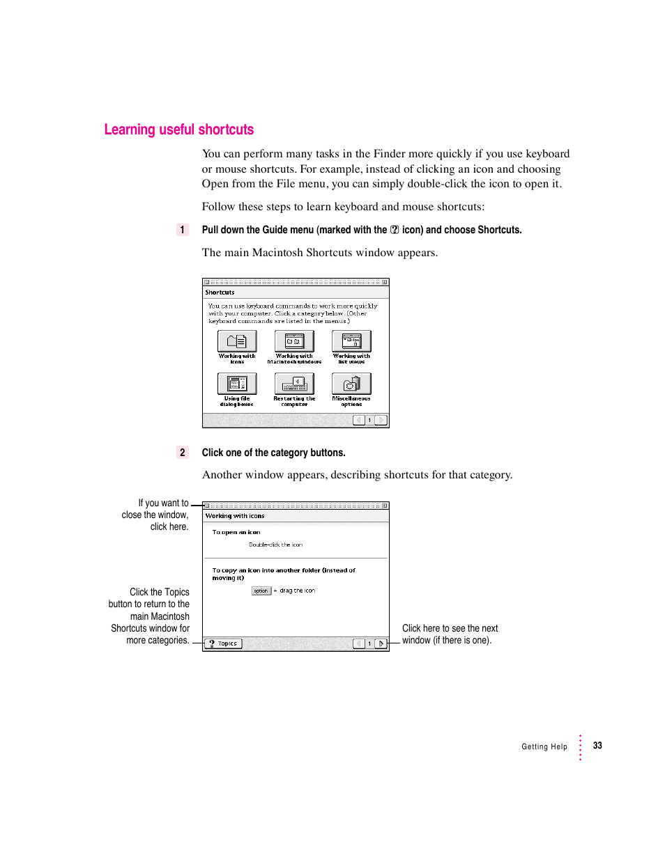 Learning useful shortcuts | Apple Macintosh Performa 6360 Series User Manual | Page 33 / 199