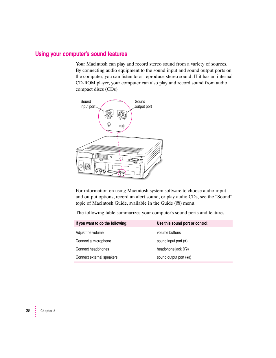 Using your computer’s sound features | Apple Macintosh Performa 6360 Series User Manual | Page 38 / 199