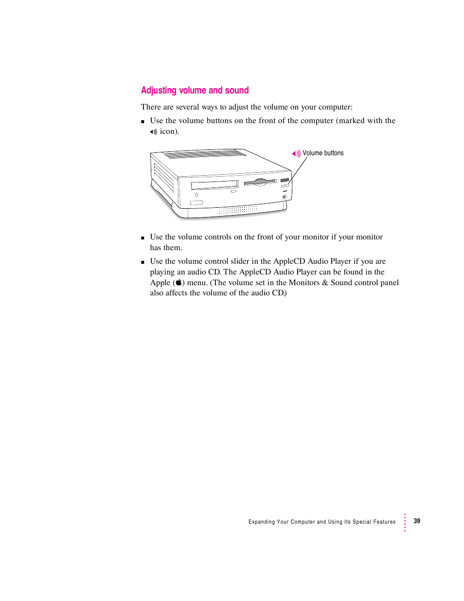 Adjusting volume and sound | Apple Macintosh Performa 6360 Series User Manual | Page 39 / 199